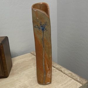 Signed handcrafted tall vase with blue flowers contemporary style